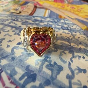 Vintage 14k Gold Plated Espo Enamel Heart Ring Size 8